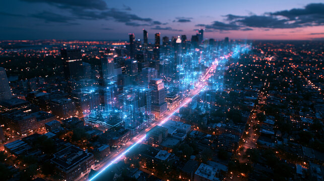 Smart City Aerial View with Glowing Digital Data Network