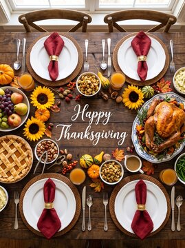 Top-down view of a rustic Thanksgiving dinner table set for four, featuring a roasted turkey, pie, autumn decorations, and the text Happy Thanksgiving.