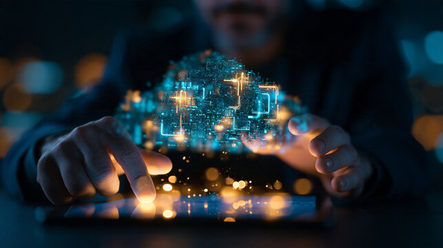Businessman Interacting with Glowing Cloud Computing Hologram on Tablet