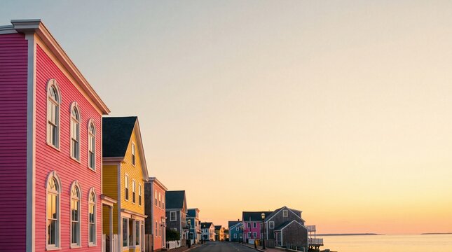 Colorful Coastal Houses Along Street at Sunset