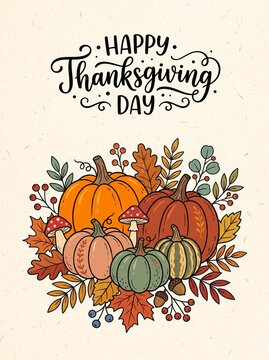 Happy Thanksgiving Day handwritten typography with hand-drawn autumn pumpkins, colorful leaves, and mushrooms on light background.