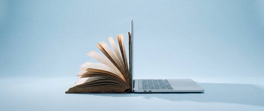 Open book and laptop placed back-to-back on a clean light blue background, symbolizing modern education and online learning concept.