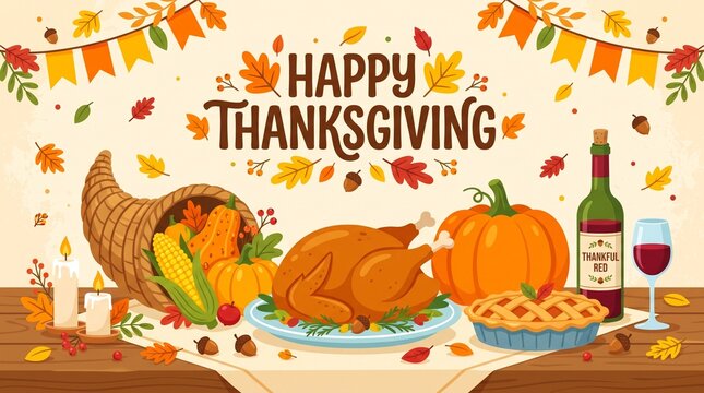 Happy Thanksgiving card with roasted turkey, cornucopia, pumpkin, wine bottle, and pie on a wooden table, surrounded by autumn leaves and festive banners.