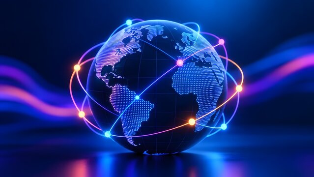 Futuristic digital globe hologram with orbiting neon light trails and glowing network nodes representing global internet communication and worldwide connectivity