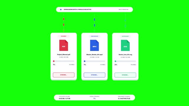 Multi-format parallel download hub animation with simultaneous file transfers, document cards, progress tracking and cloud download UI on Background Green Screen for chroma key editing and compositing