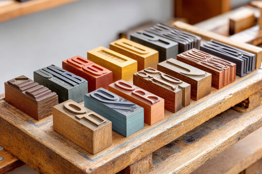 A collection of wooden letterpress blocks with metal type in various colors on a wood surface