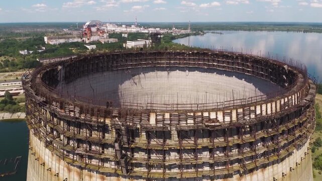 Drone footage moves over the top of an unfinished Chernobyl cooling tower.