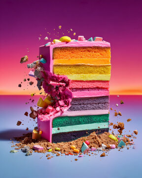 A vibrant, multi-layered cake with a portion broken off and colorful confections scattered around it against a gradient pink background