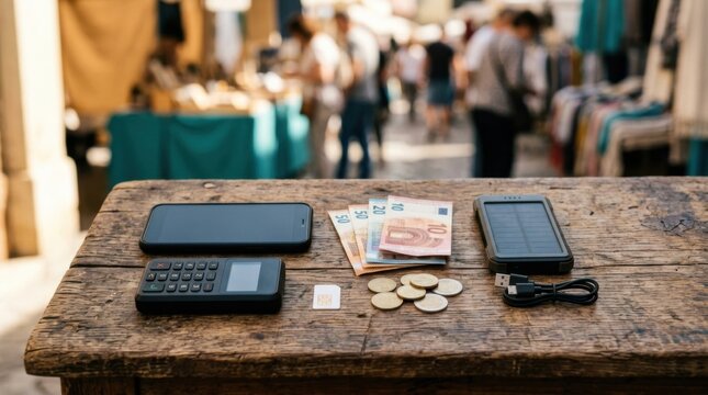 Mobile payment toolkit with smartphone, card reader, SIM, coins, banknotes and solar charger showcasing cashless fintech in emerging markets