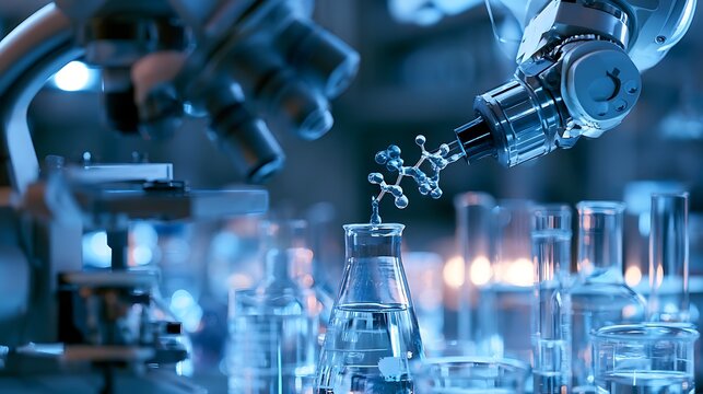 AI-powered drug discovery, robotic arm mixing chemical compounds guided by digital algorithms, advanced biotechnology and automated research concept.