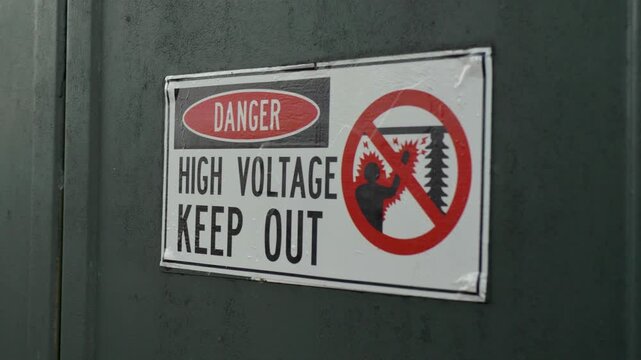 Slow motion close-up of an industrial safety sticker with a danger high voltage keep out warning sign lettering and restricted access notice displayed on an electrical box grid power infrastructure