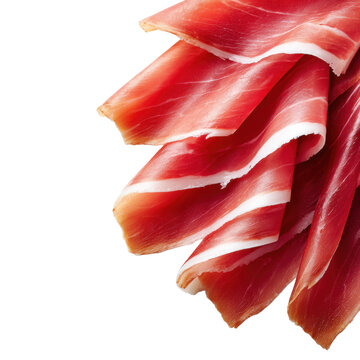 Thinly sliced cured ham ribbons folded and layered close up isolated on transparent background