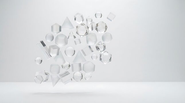 Floating transparent geometric glass shapes against a clean white background