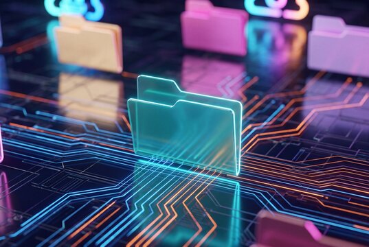 Digital folders and files on glowing circuits represent data organization. Online network connections show information flow. Colorful tabs and labels signify easy access and management.