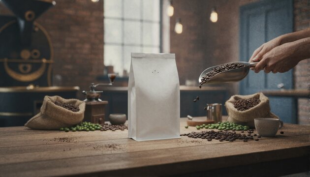 Matte white coffee bag in a professional roasting studio with artisan beans