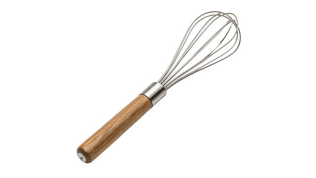 Metal wire whisk kitchen mixer tool with wooden handle on transparent background