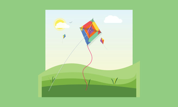 Kite flying vector illustration with colorful kites in sky over green hills