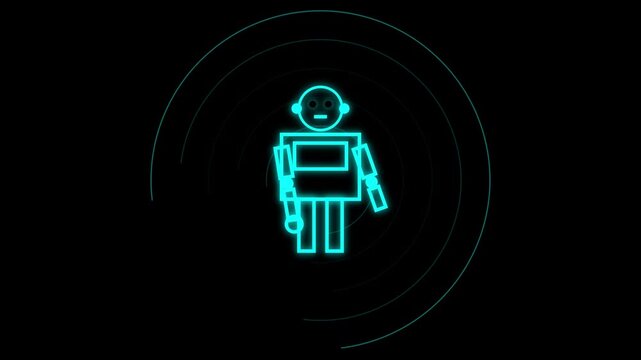 Neon blue robot graphic animation moving arms against a black background