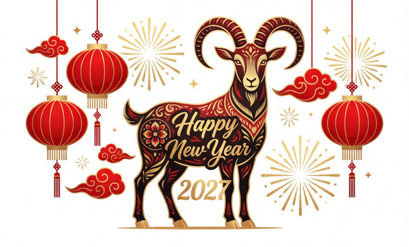 Happy Chinese New Year 2027 illustration with a majestic ram or goat symbol, festive background featuring red oriental lanterns, fireworks, and clouds celebrating the lunar Year of the Goat.