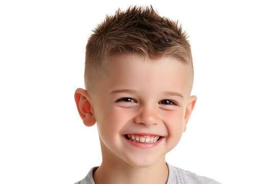 Cute young boy with a stylish modern crew cut hairstyle, smiling brightly, clean studio lighting, child hair model and kids haircare concept.