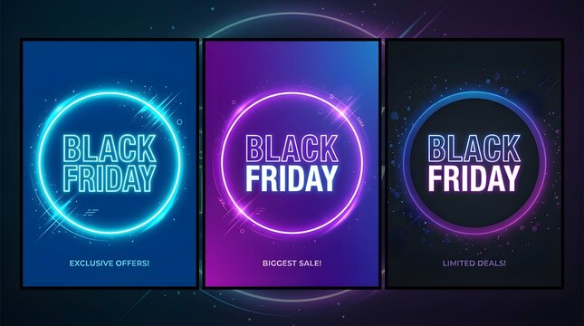Set of three black friday sale posters with glowing neon circles and abstract light effects