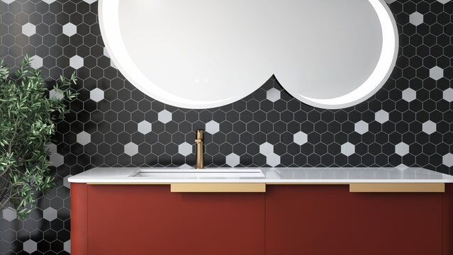 Contemporary, modern bathroom with terracotta red vanity, white marble top, overlapping round mirror on black and white hexagon mosaic tile wall in sunlight. Interior design decoration background 3D