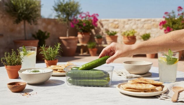 Person grabbing a fresh snack during a casual outdoor brunch
