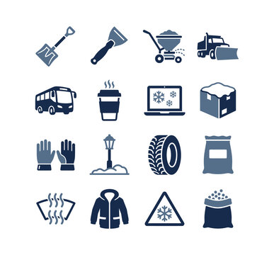 Winter Season Equipment Icons Set for Snow Removal and Cold Weather Safety