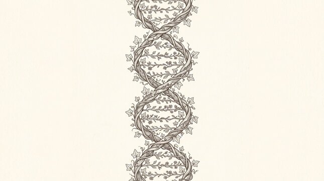 Botanical DNA double helix sketch formed by twisted vines and leaves on vintage paper background