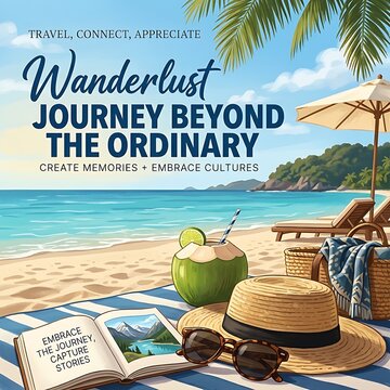 Wanderlust Summer Vacation Travel Poster Featuring Tropical Beach Scene, Coconut Drink, and Open Book