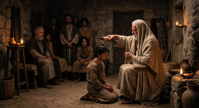 Samuel Anointing Young David as King Among His Brothers, Old Testament Biblical Story From 1 Samuel 16
