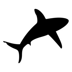 Fototapeta premium Black silhouette shark swimming in water - A sleek black silhouette of a shark gracefully swimming, ideal for marine or underwater-themed projects.