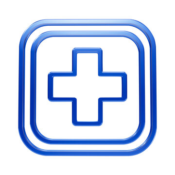 Blue glossy medical cross centered inside a double lined square frame with rounded corners