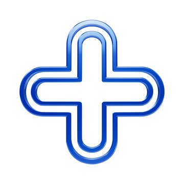 Double lined blue glossy medical cross symbol with rounded ends rendered in three dimensions lines