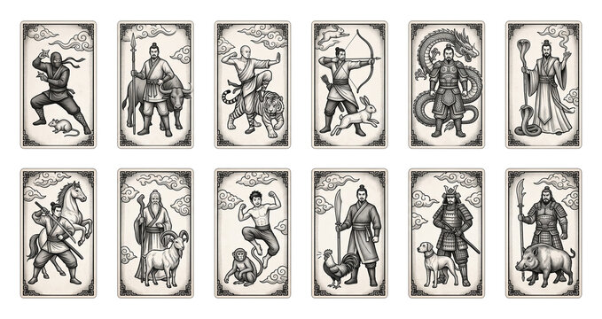Chinese zodiac signs card set, monochrome engraving style astrology illustration of twelve lunar horoscope animals and Asian warriors isolated on transparent background.