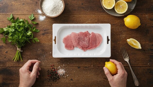 Rustic veal escalopes with fresh cooking ingredients