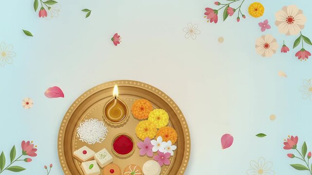Indian Festival Bhai Dooj Puja Thali with Sweets and Diya