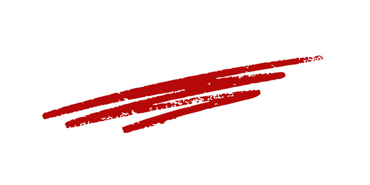 Red brush stroke scratch lines isolated on white background. Diagonal marker slash mark with rough grunge texture in flat design. Paint scribble element for banner, poster, and design templates.
