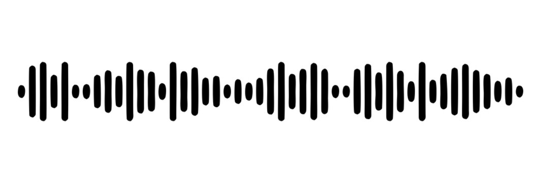 Black sound wave icon isolated on white background. Audio equalizer bars with vertical line pattern in flat design style. Voice frequency element for music, podcast, and app templates.