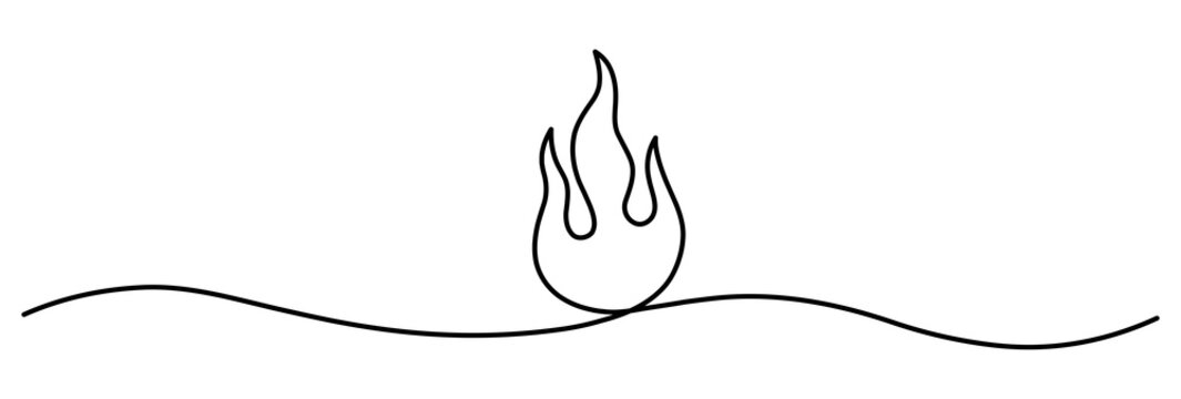 Fire flame continuous line drawing isolated on white background. Single line divider with wavy underline in minimalist outline style. Burning icon art element for banner, poster, and decoration 