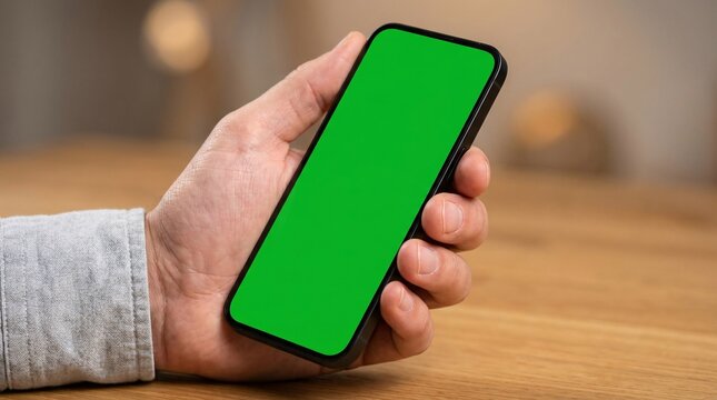 Close up of hand holding a smartphone with a green screen