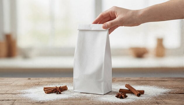 White flour bag on wooden surface in bright kitchen