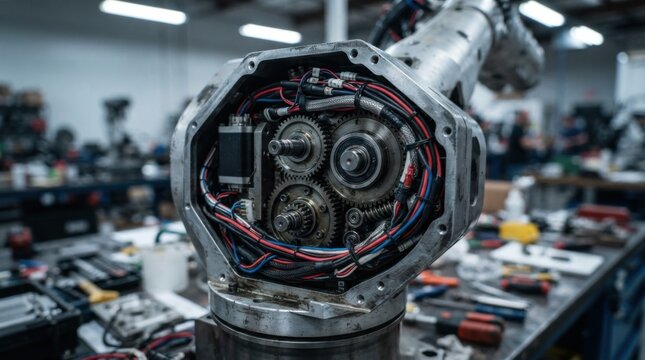 Cutaway closeup of a robotic arm exposing internal gears and wiring harness on a factory workbench