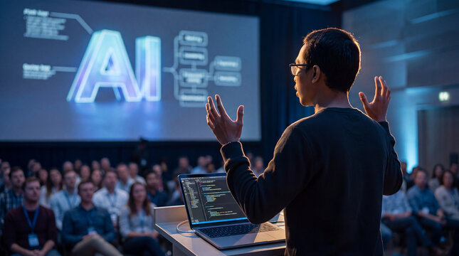 Southeast-Asian Man Lecturer Delivering a Computer Science AI Keynote From a University Podium, Gesturing to Activate Hologram. Laptop Code SHows as the Auditorium Audience Follows Machine Learning