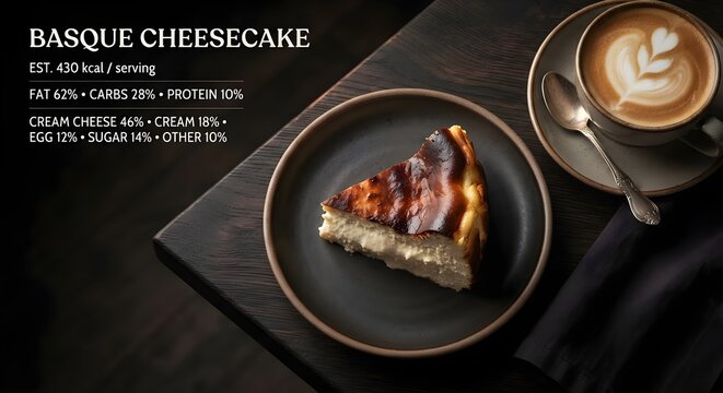 Basque Cheesecake: Burnt burnt-top cheesecake slice with coffee, nutrition facts text, and modern dark editorial flat lay composition