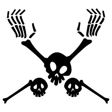 Black skull and crossed skeleton arms silhouette vector graphic element for halloween horror and pirate design concepts