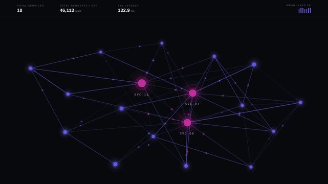 Digital network graph visualization displaying interconnected data nodes on a dark background