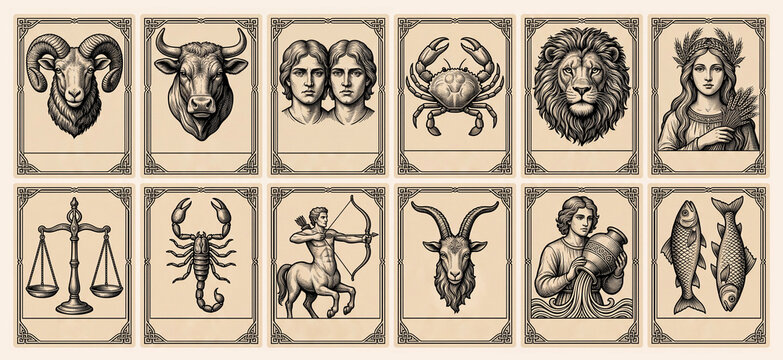 Vintage zodiac signs card set, monochrome engraving style astrology illustration of twelve western horoscope symbols inside decorative frames on retro paper background.