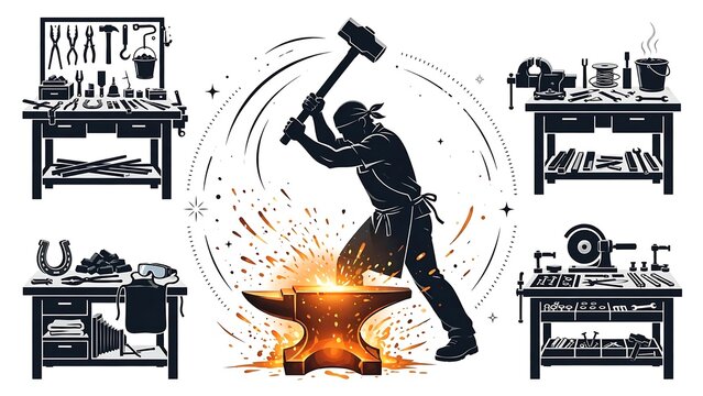 Blacksmith hammering anvil on white background.