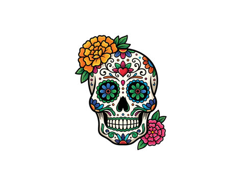 Colorful Decorative Sugar Skull With Flowers, Hearts, Leaves, And Floral Patterns For D&iacute;A De Los Muertos Celebration, Mexican Cultural Festival, Vector Illustration